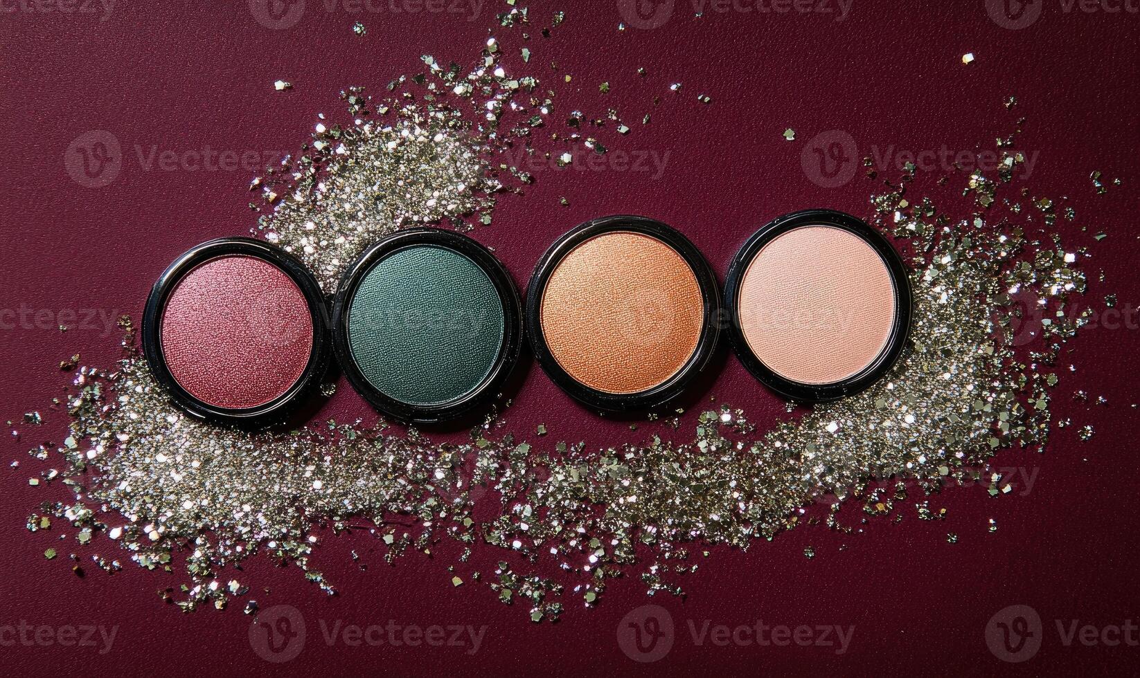 A set of four eyeshadow shades pastel mint green, soft peach, warm gold, and deep plum, with a sprinkle of silver tinsel around the palette photo