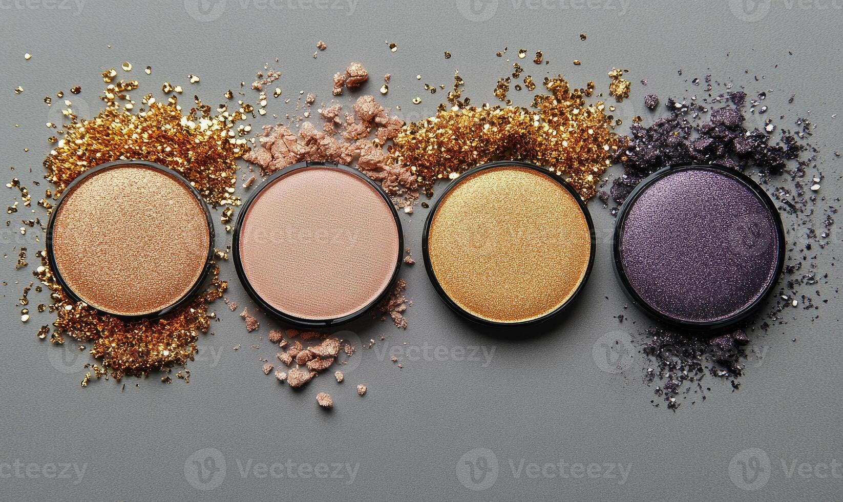 A set of four eyeshadows pale peach, dusty mauve, golden taupe, and dark purple, with golden tinsel accents photo