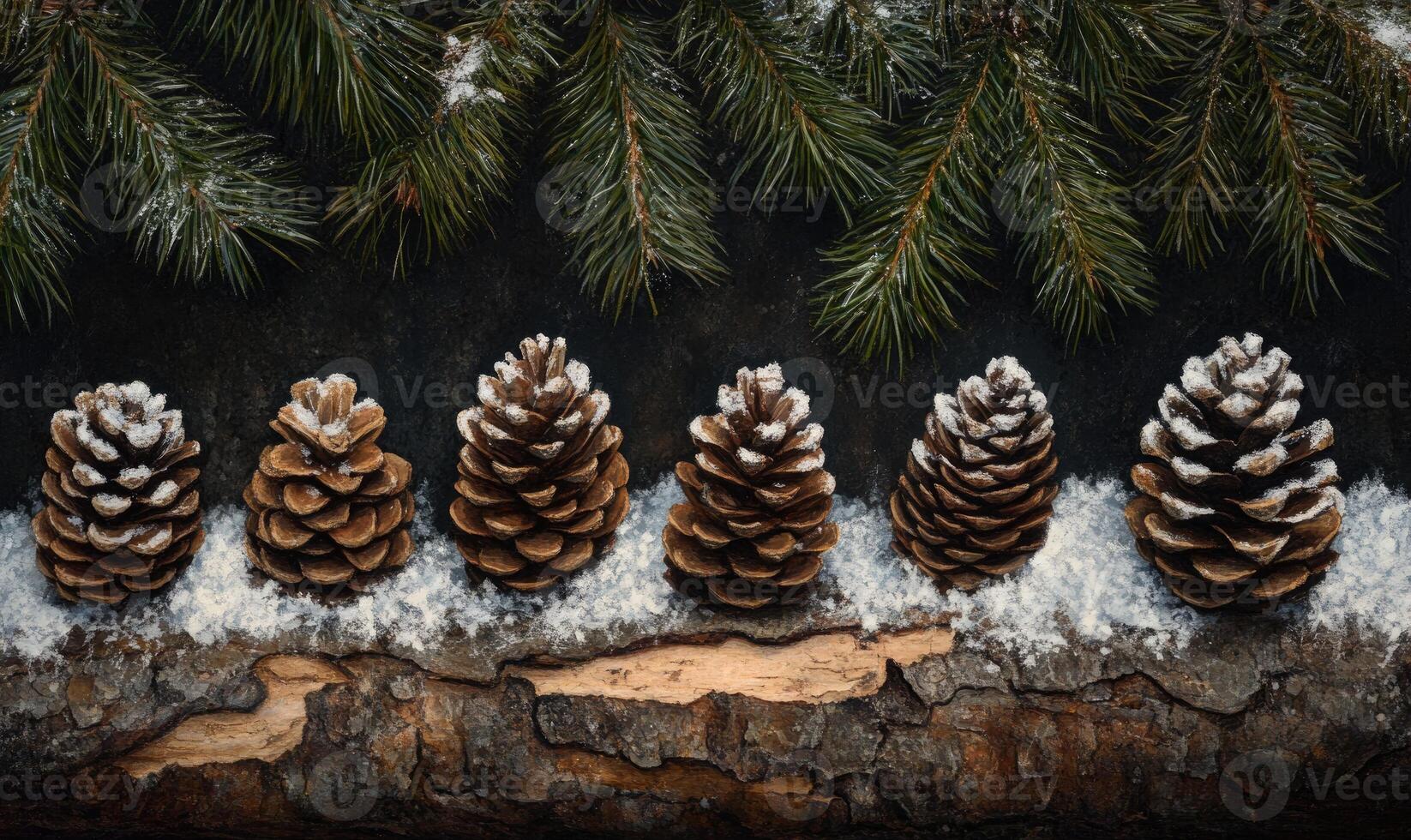 A row of pine cones are lined up on a log, with snow covering them photo