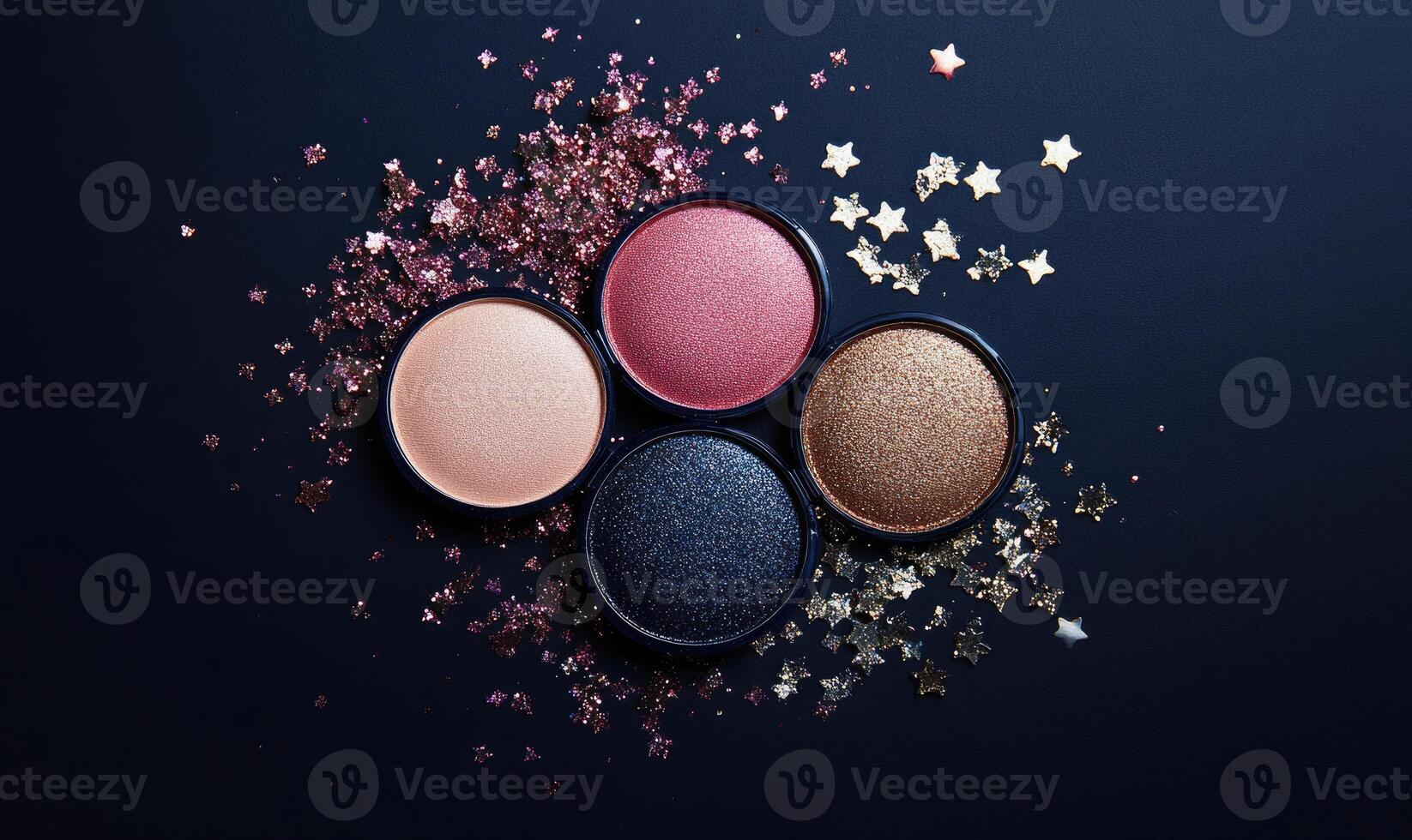 A set of four eyeshadows ivory, soft pink, deep berry, and rich bronze, with a touch of silver stars scattered around the palette photo