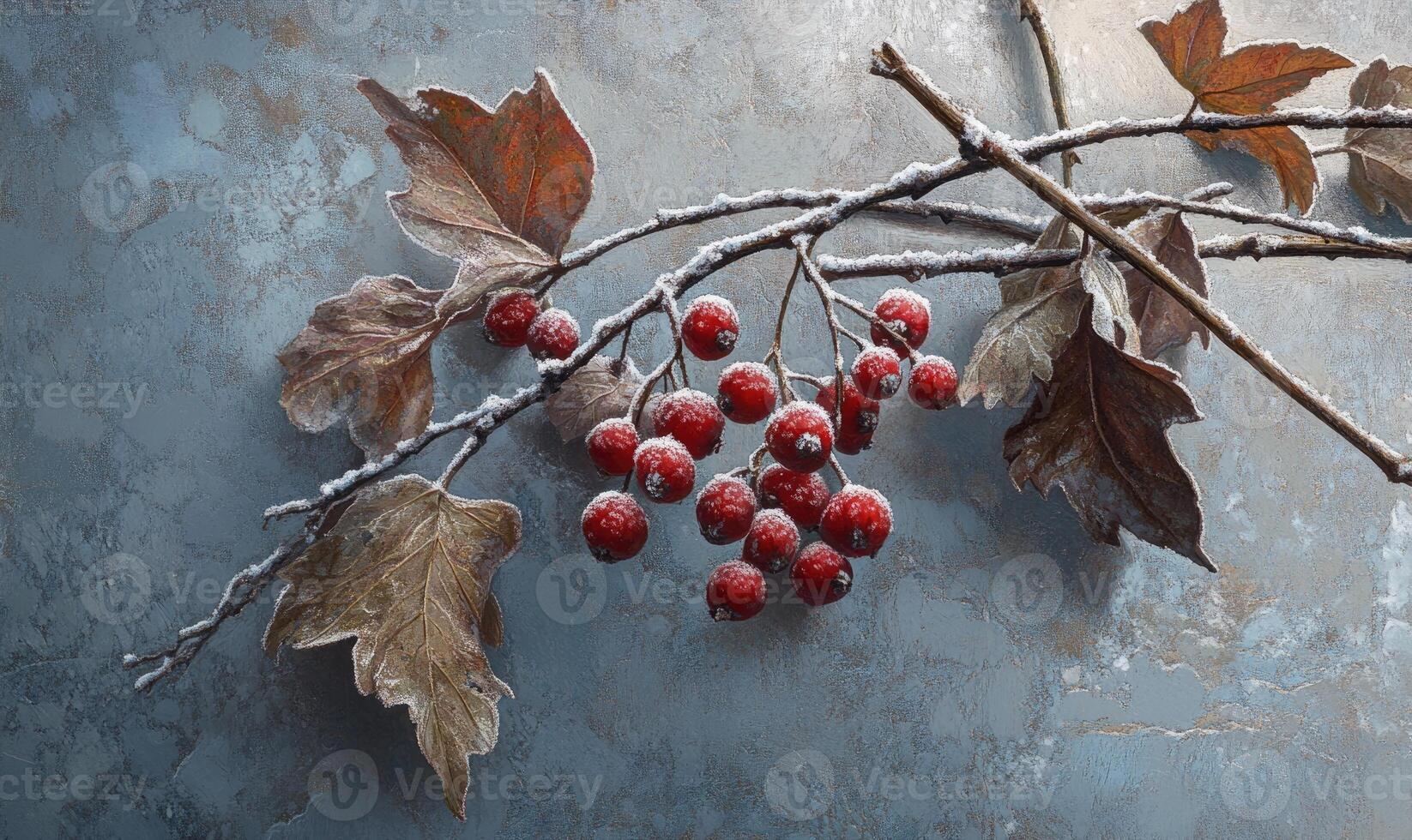 A branch with red berries and snow on it photo