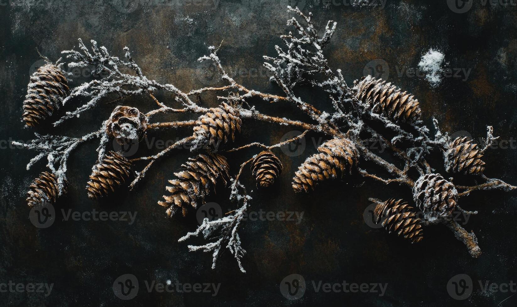 A branch of pine cones with snow on them photo