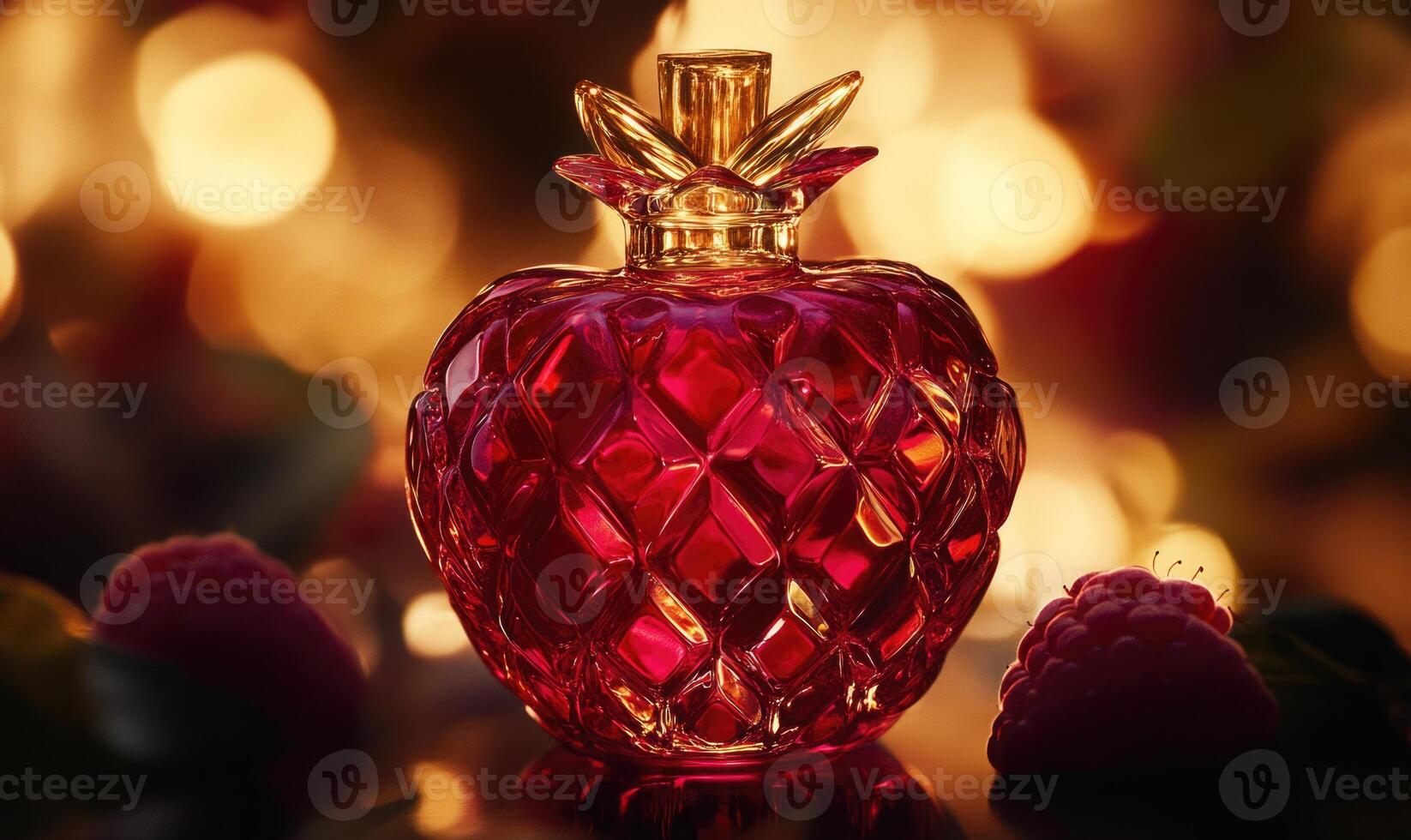 A bottle of perfume with a red top and a strawberry on it photo