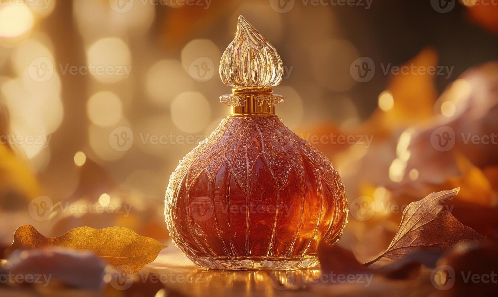 A bottle of perfume is on a table with leaves on the ground photo