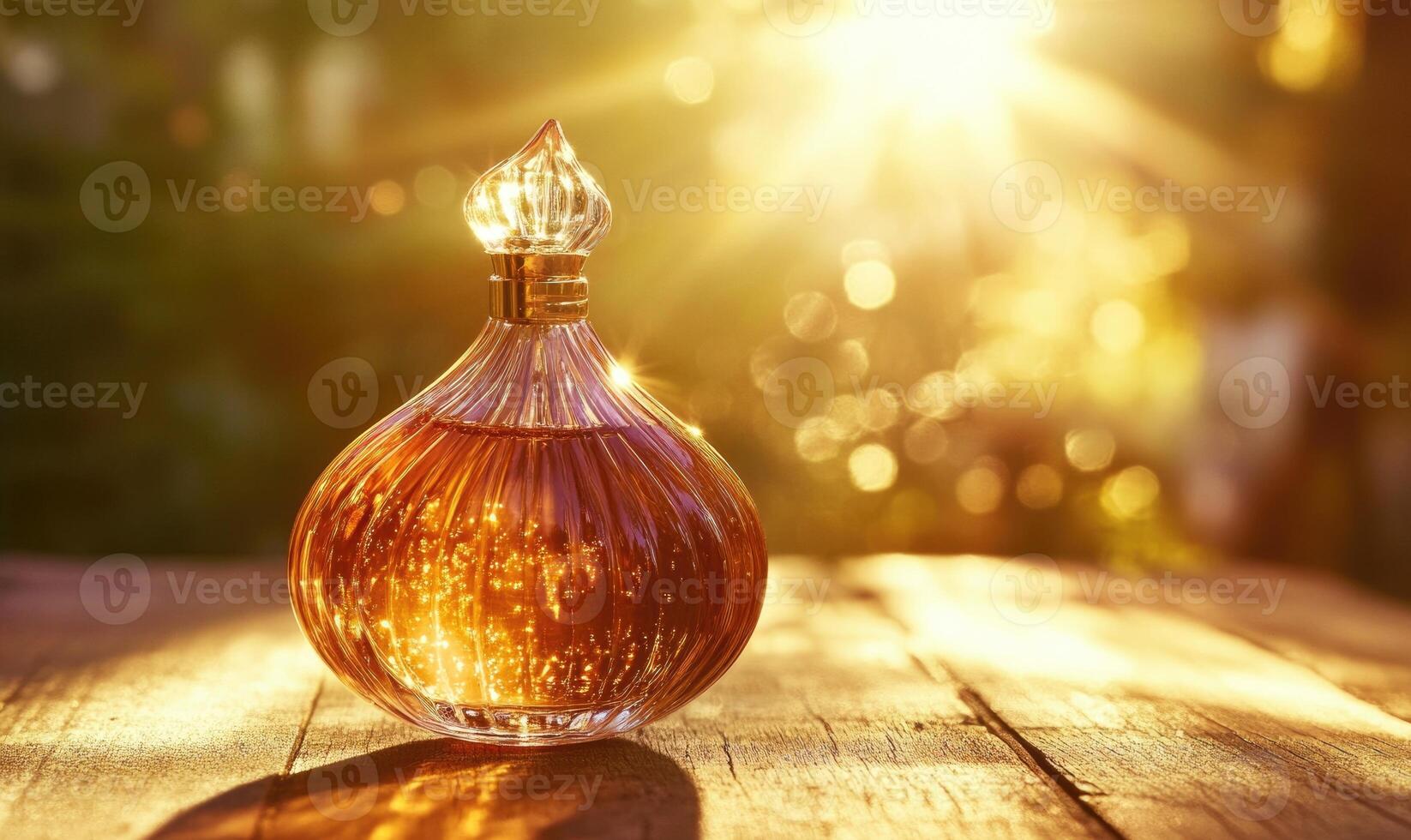 A bottle of perfume is sitting on a wooden table photo