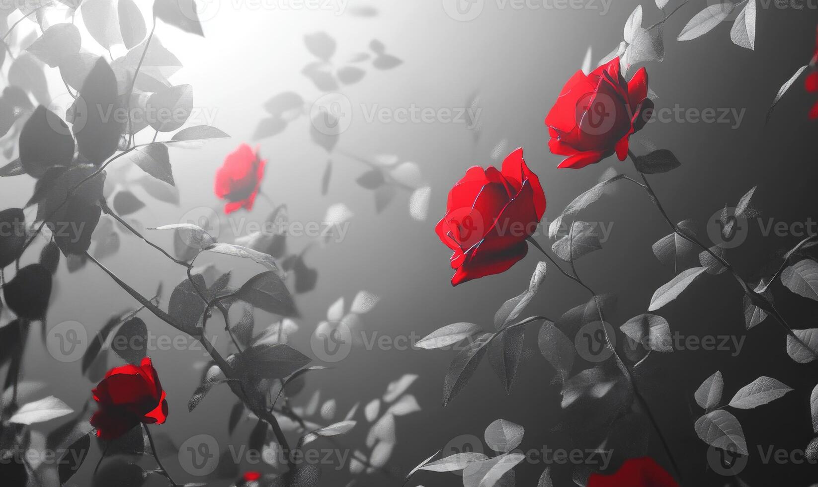 A bunch of red roses are in a black and white photo