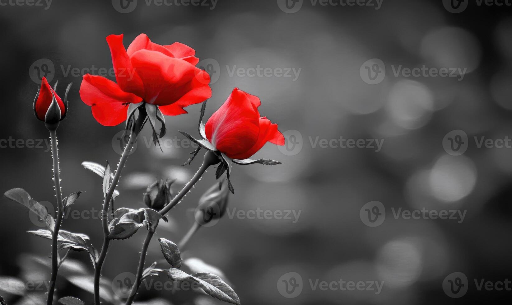 A red rose is in the foreground of a black and white photo