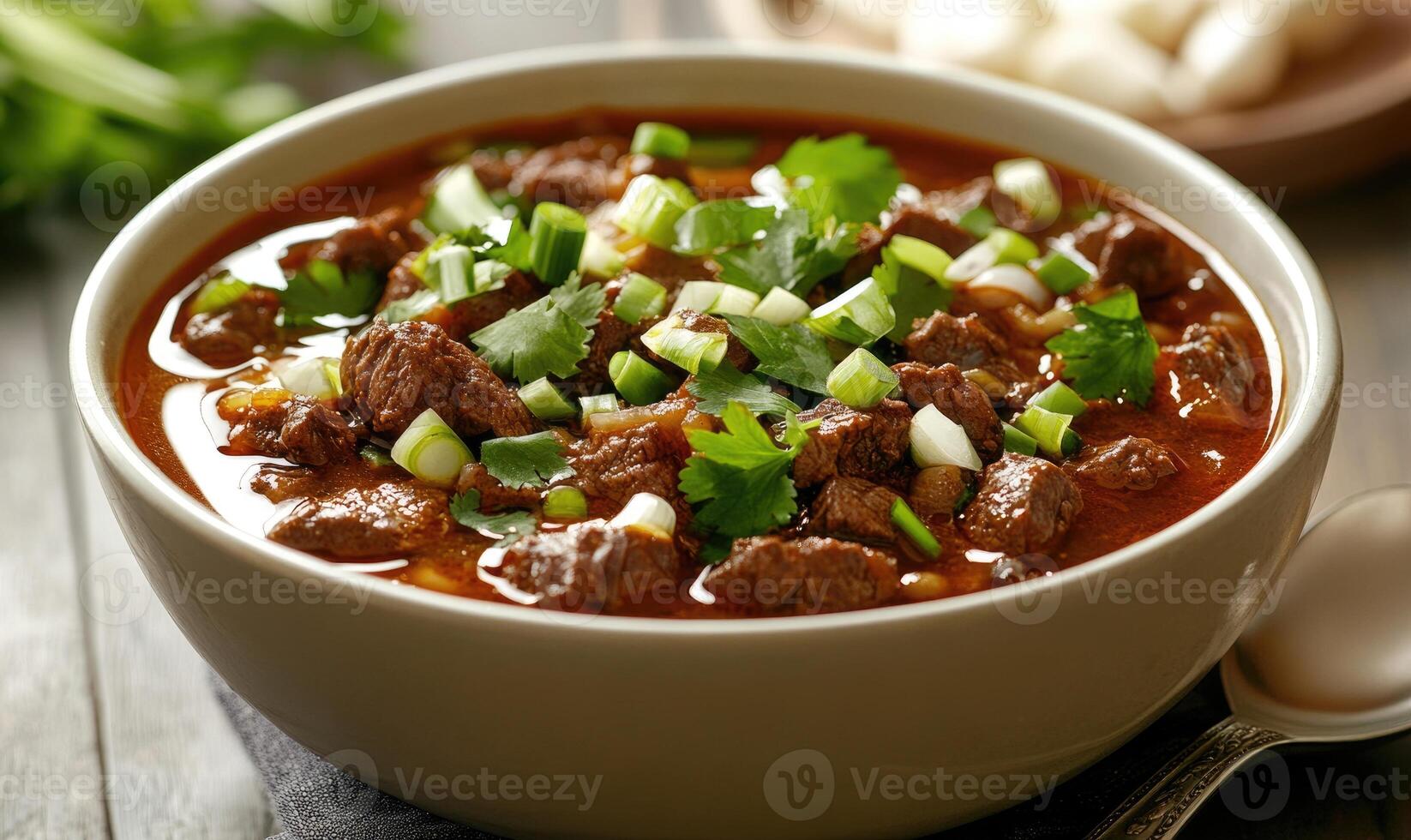 A bowl of beef stew with green onions and cilantro photo