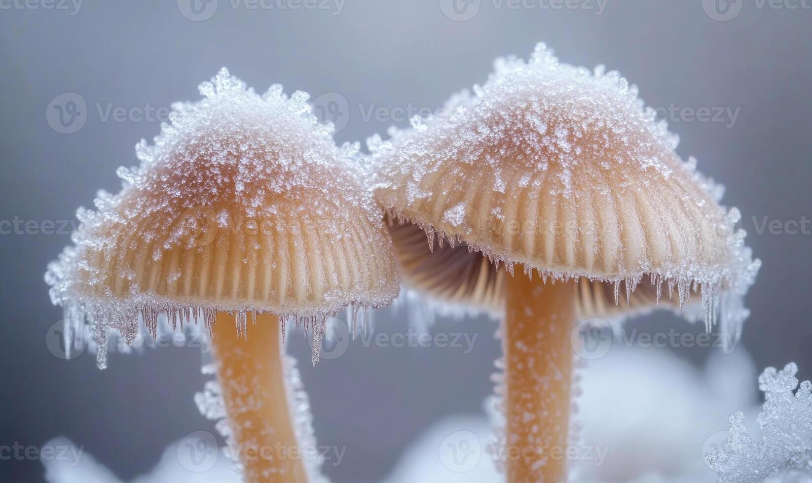 Two mushrooms covered in snow photo