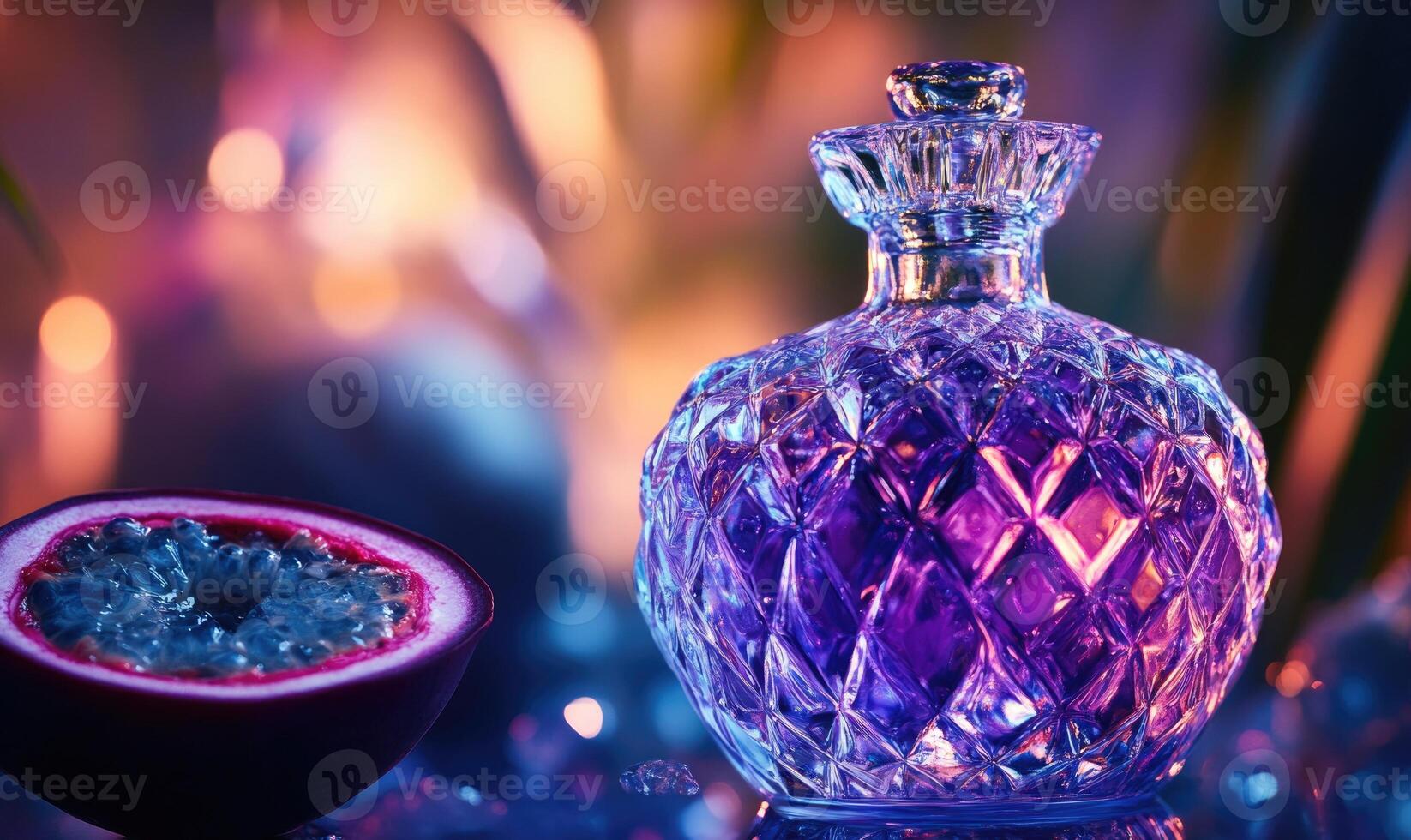 A purple bottle of perfume is on a table next to a slice of fruit photo
