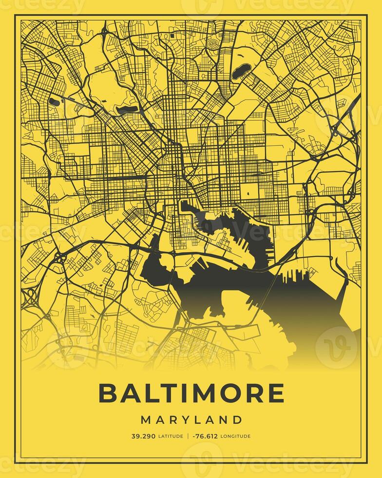 Baltimore Black and Yellow City Map Home Decor, Maryland photo