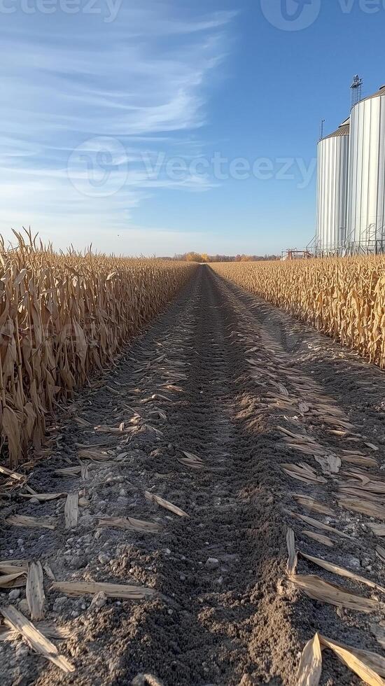 Corn stalks rising in rows toward grain facility , wallpaper art photo