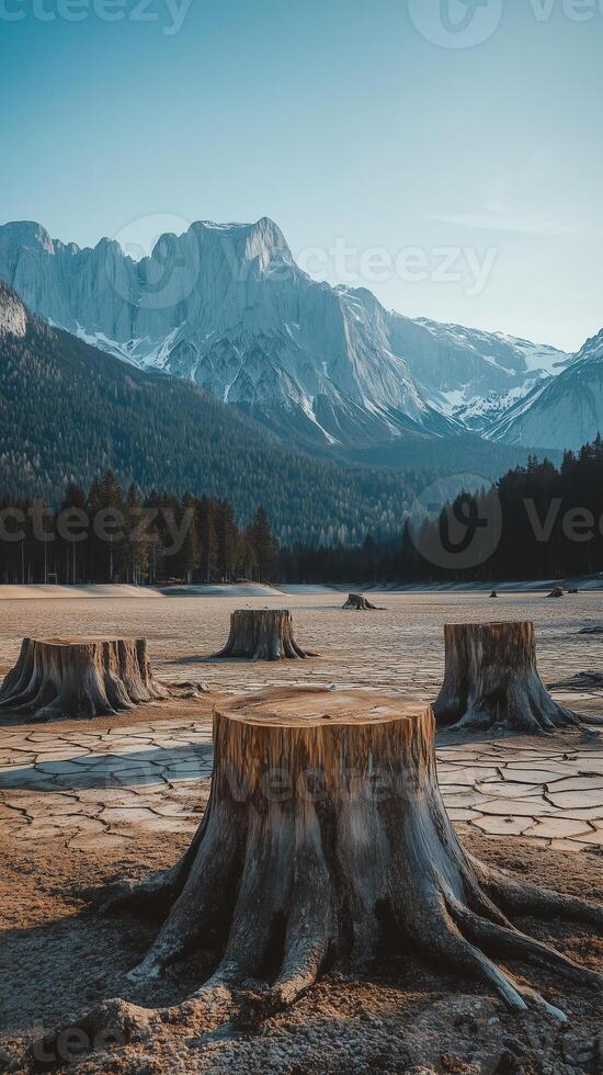 Dead tree stumps emerging from dried lake bed beneath mountain peaks , wallpaper art photo