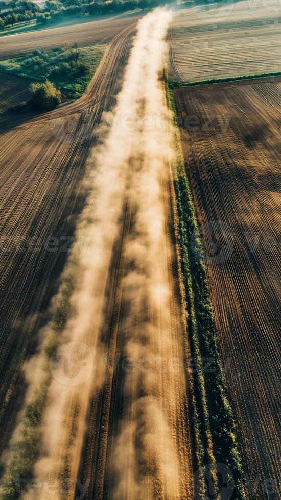 Dust clouds rising from tractor paths in parched field , wallpaper art photo