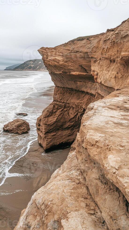 Eroded coastline revealing exposed rock layers beside ocean waves , wallpaper art photo