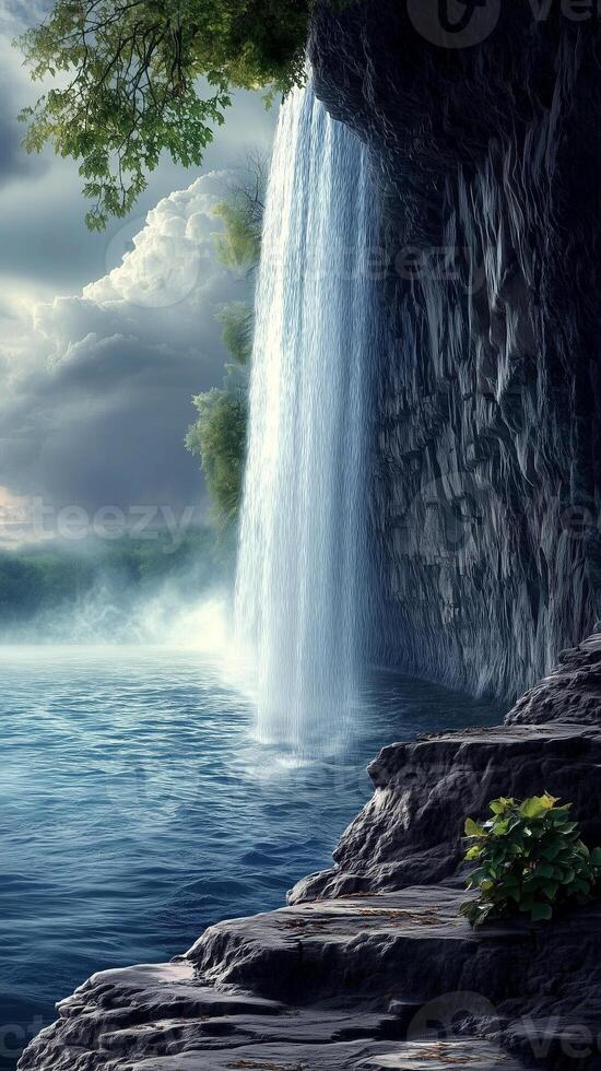 Waterfall splitting around a rock formation toward a lake , wallpaper art photo