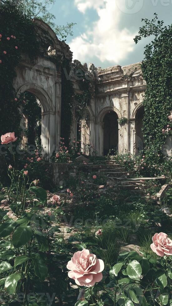 Wildflowers bloom through ruins in forest clearings , wallpaper art photo