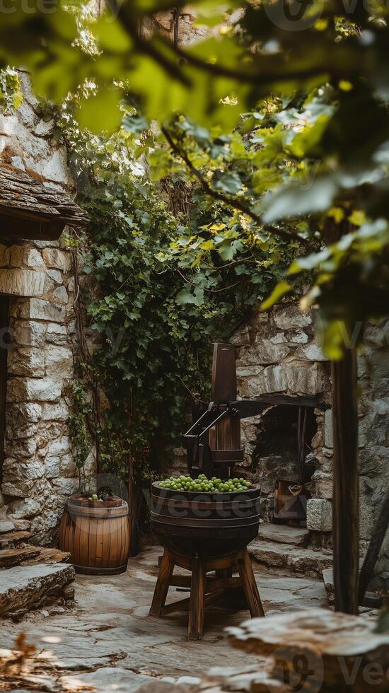 Grape press stands in courtyard of stone facility , wallpaper photo