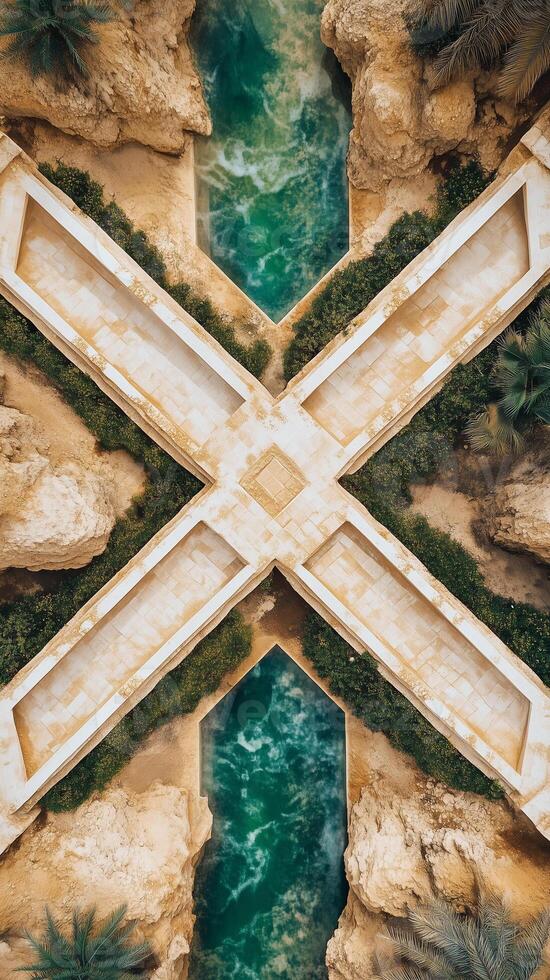 Irrigation channels through desert gardens between structures , wallpaper art photo