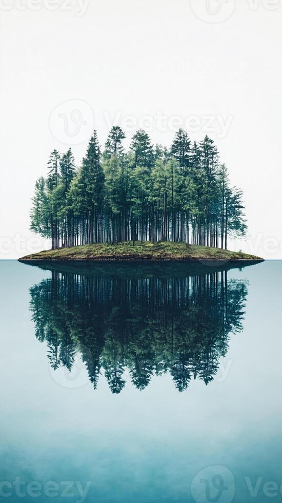 Island rises from water toward tree line , wallpaper art photo