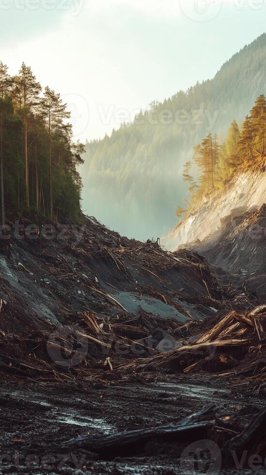 Landslide debris covering mountain slope after heavy rainfall event , wallpaper art photo