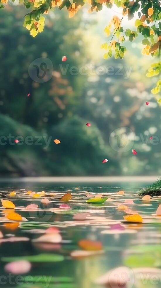Leaves floating on a pond surface near the forest edge , wallpaper photo