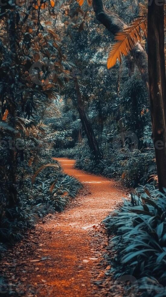 Leaf carpet on a forest path through the woods , wallpaper art photo