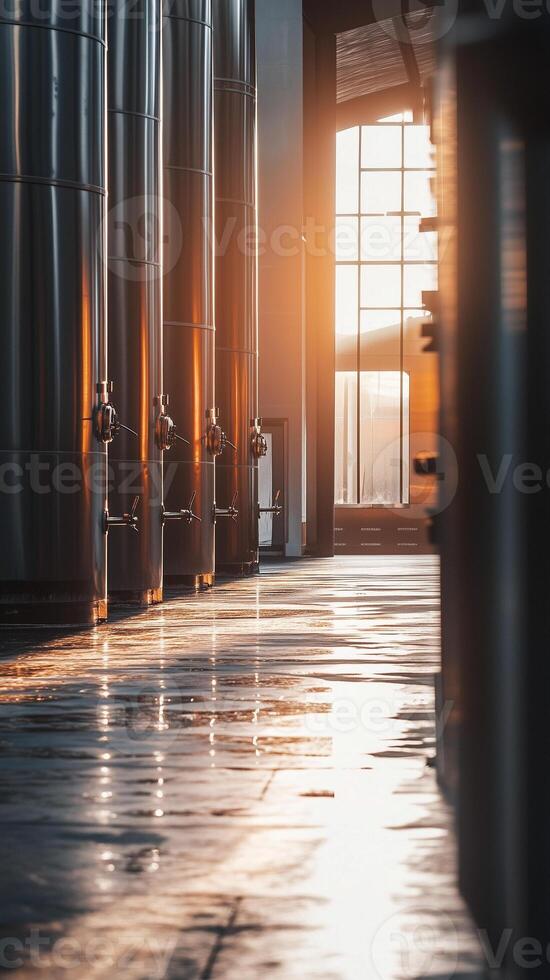 Sun reflecting off metal tanks outside a wine processing building , wallpaper art photo