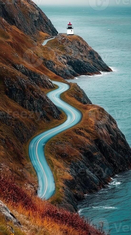 Path winding along a cliff edge toward a lighthouse , wallpaper photo