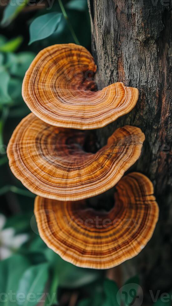 Ancient tree trunks encircled by mushroom rings , wallpaper art photo
