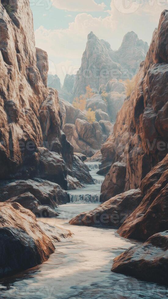 Rapids surge between canyon walls toward valley , wallpaper photo