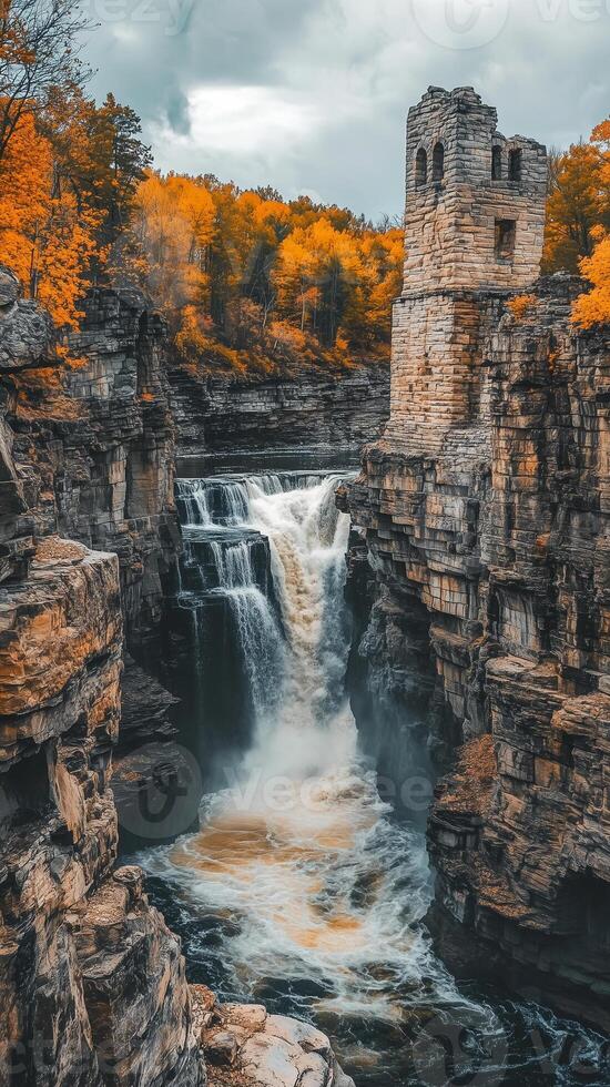 Ancient ruins stand near cliffs and waterfalls , wallpaper photo