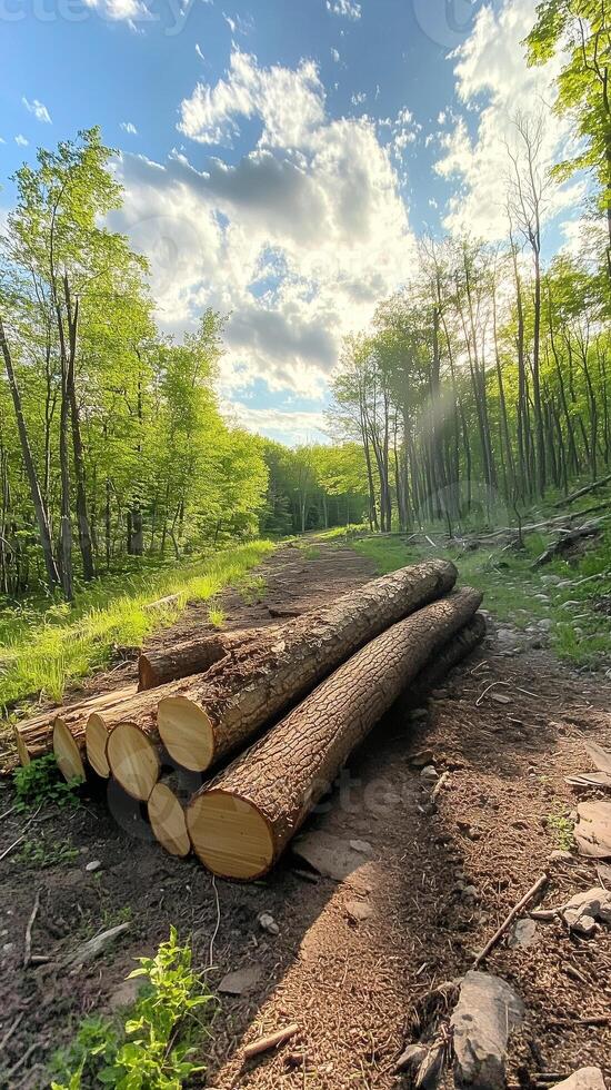 Stack of logs lying beside a cleared forest section , wallpaper art photo