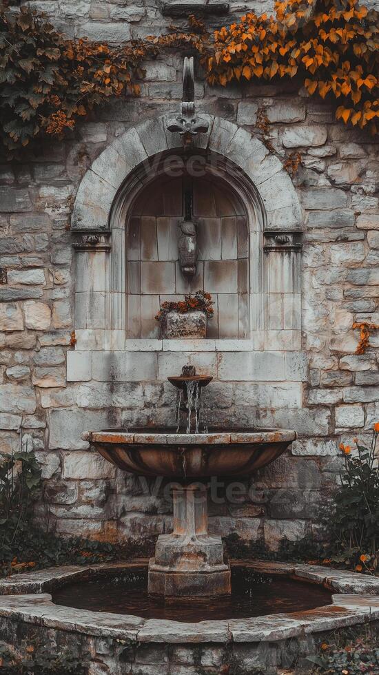 Stone fountains centered between building walls , wallpaper art photo