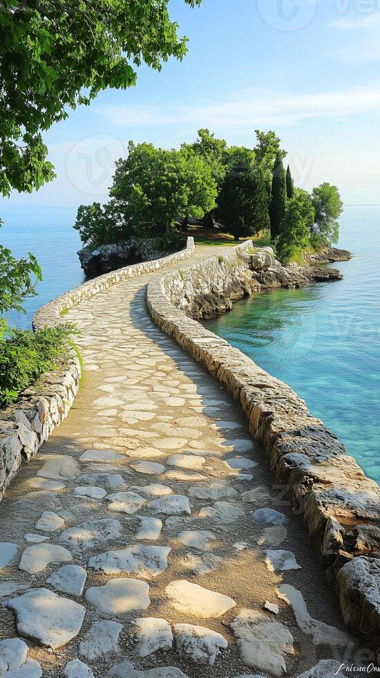 Stone paths wind to edges of floating islands , wallpaper photo