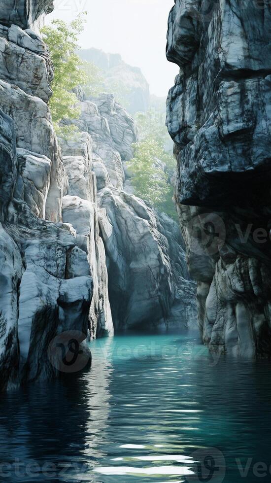 Stream descending between cliff walls toward a basin , wallpaper art photo