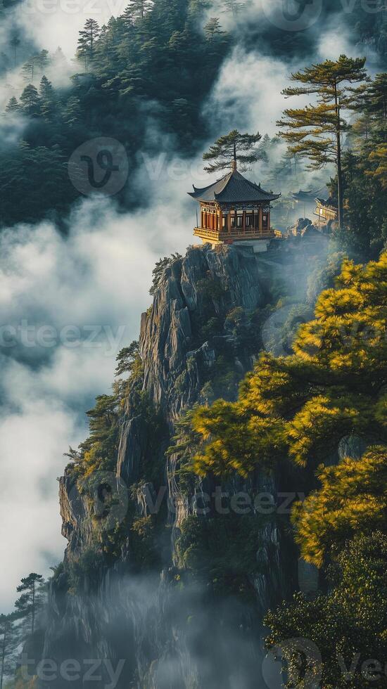 Temples atop misty peaks , wallpaper art photo