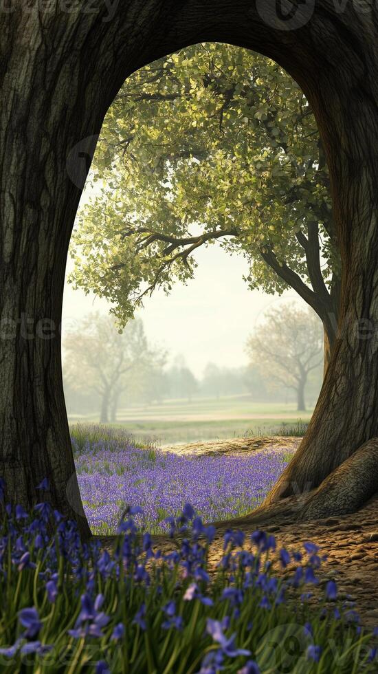 Bluebells carpeting the forest floor between tree trunks , photorealistic wallpaper photo