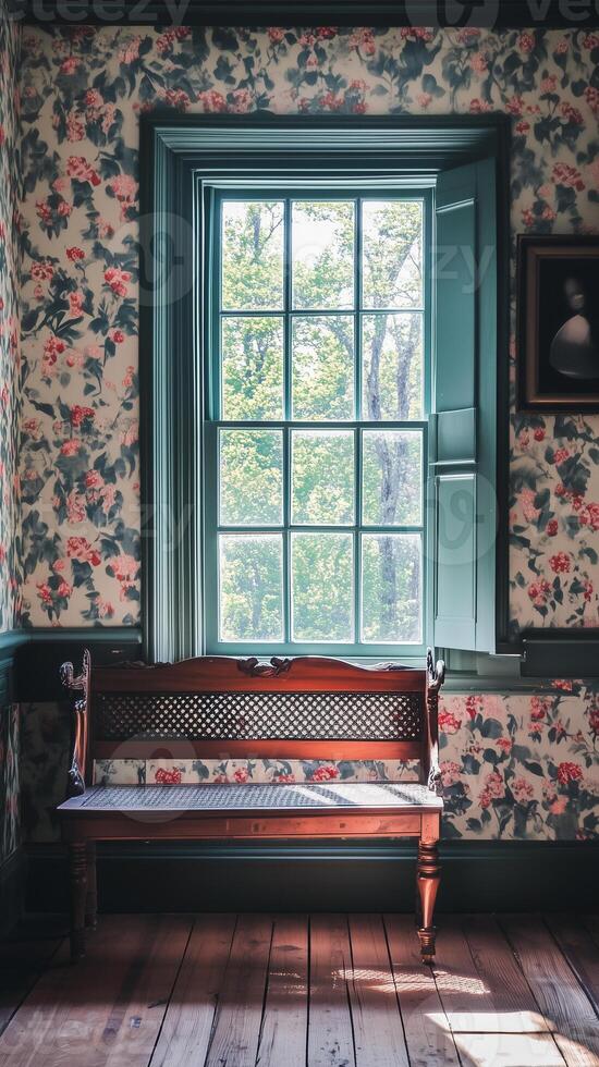 Benches lining walls beneath window boxes , photorealistic photo
