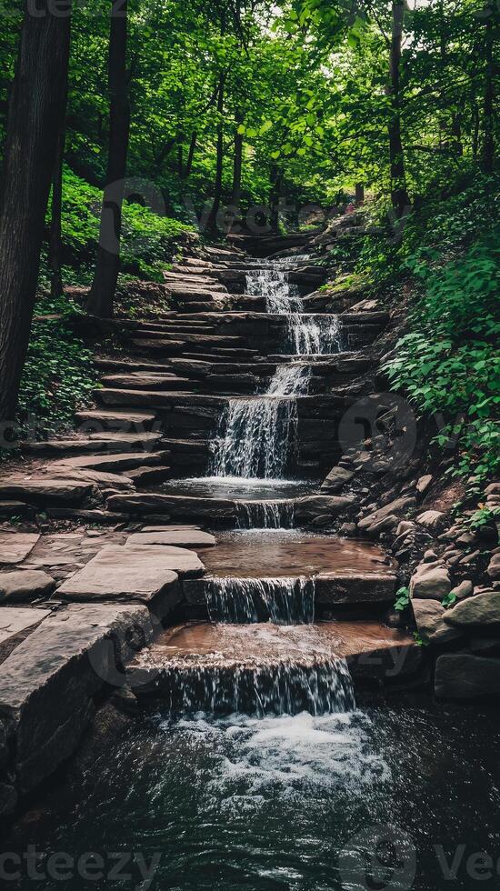 Cascades stepping down rock layers toward a stream , photorealistic wallpaper photo