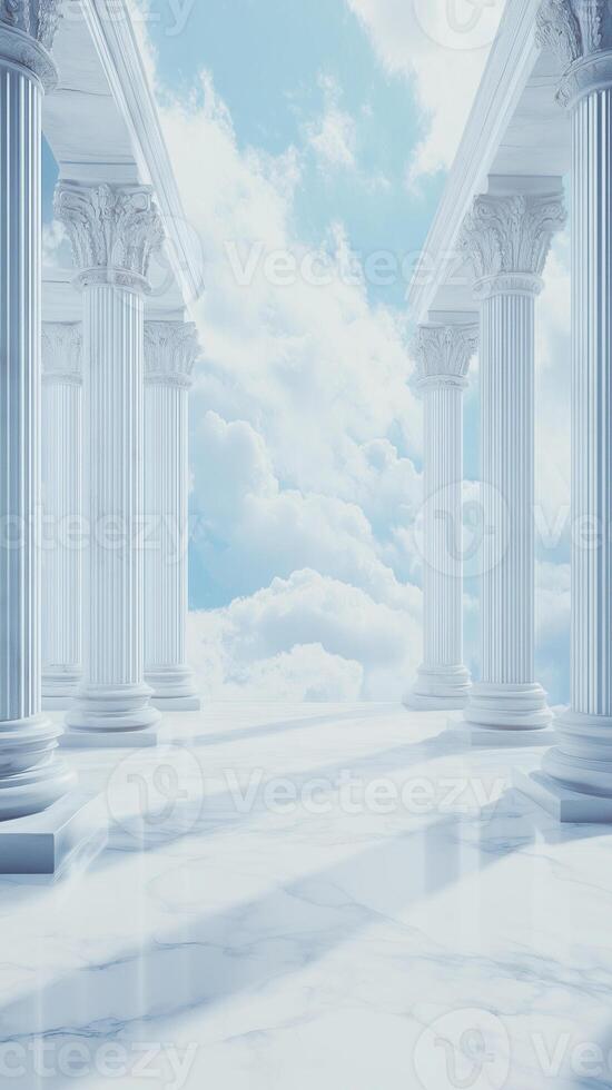 Columns rise from marble platforms amid temple foundations , photorealistic photo