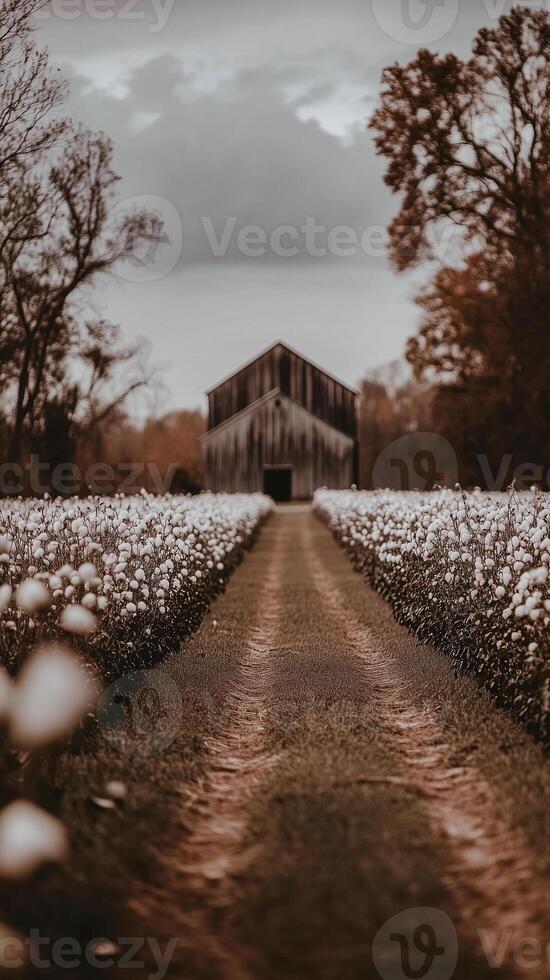 Cotton plants lining field toward processing facility , photorealistic photo