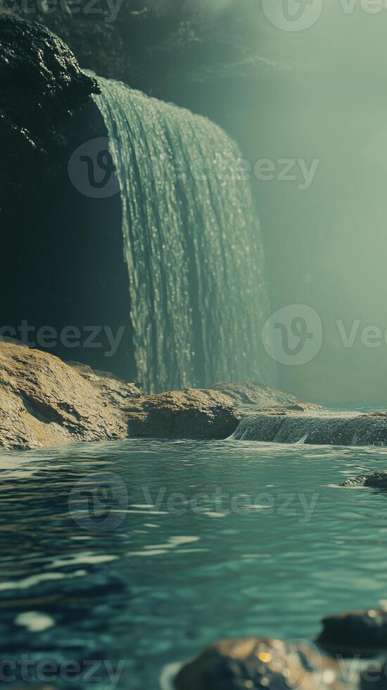 Falls dividing into streams toward a collection pool , photorealistic photo