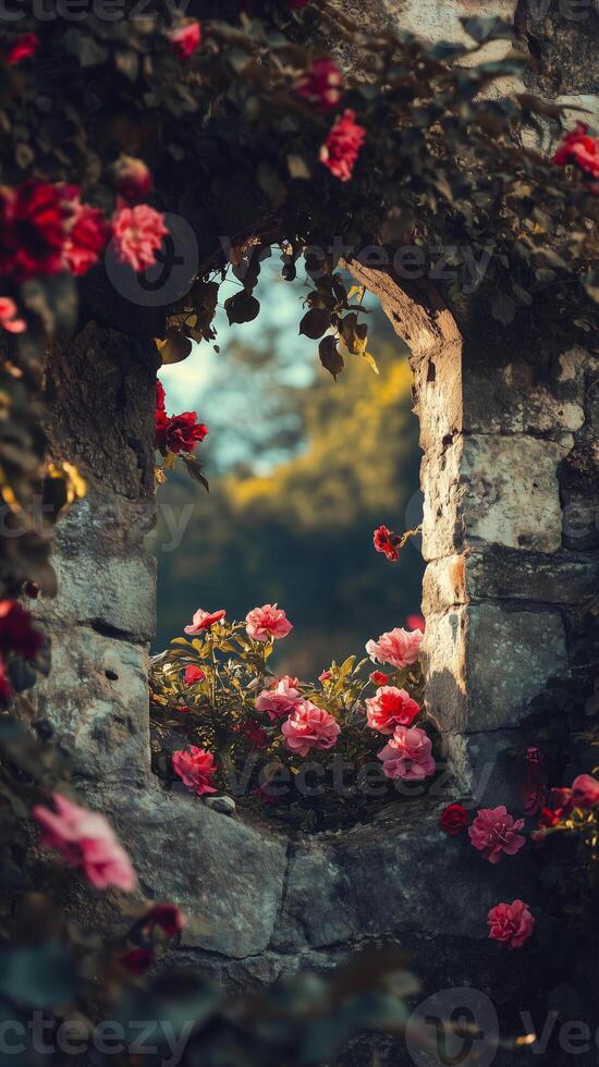 Wildflowers bloom through ruins in forest clearings , photorealistic wallpaper photo