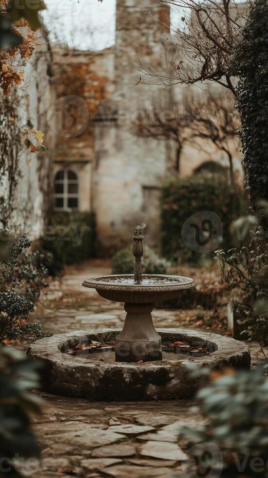 Fountains remain amid stone paths through garden foundations , photorealistic wallpaper photo