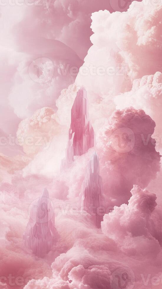 Gas clouds drifting between crystal spires , photorealistic photo