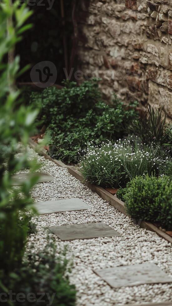 Herb patches along gravel paths leading to brick walls , photorealistic wallpaper photo