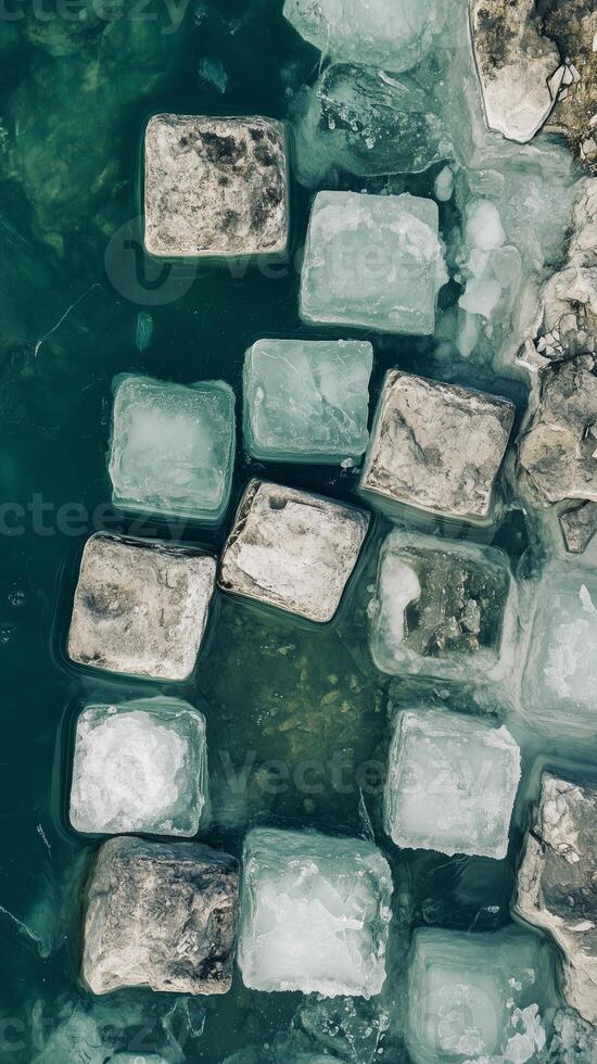 Floating ice blocks in lake formed by glacier meltwater , photorealistic wallpaper photo
