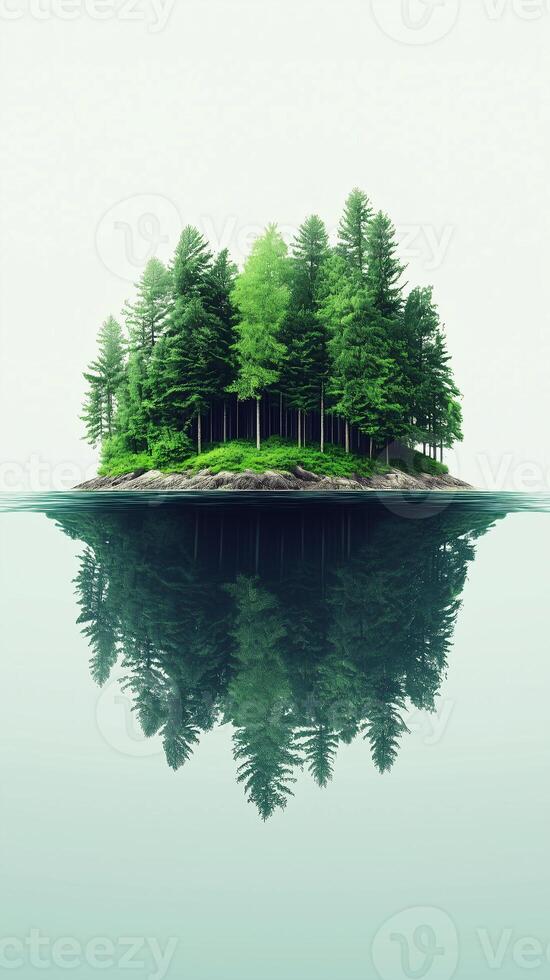 Island rises from water toward tree line , photorealistic wallpaper photo