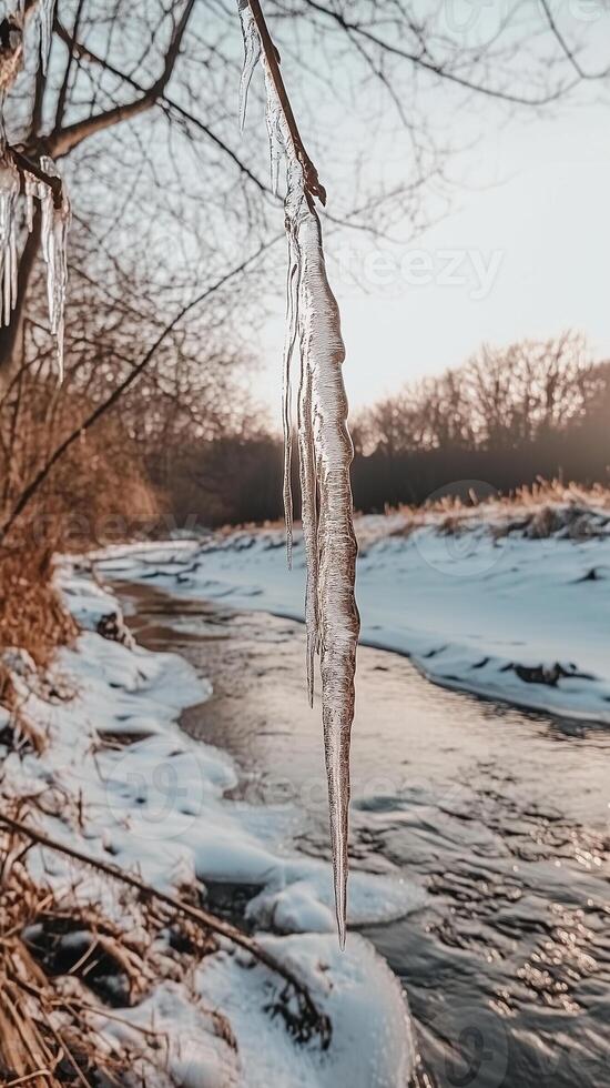 Icicles hang from branches over the frozen stream surface , photorealistic photo